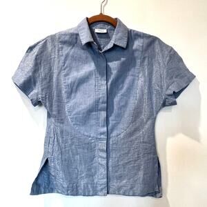 AKRIS Punto light blue short sleeve linen silk blend blouse small shimmer
